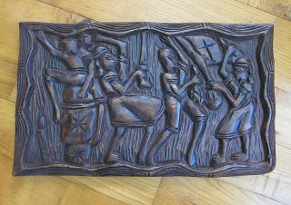 Vintage Hand Carved Wood Relief Wall Art Haitian African Festival Haiti 1973
