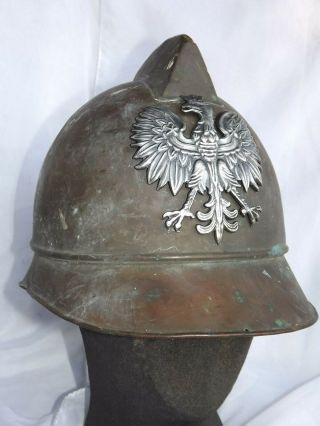 Polish Xix Century Firefighter Helmet With Polish State Eagle - Brass - Rare