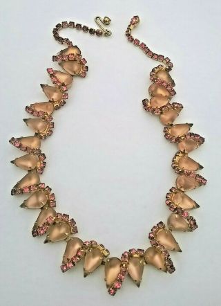 Rare Vintage Signed Hattie Carnegie Satin Glass & Diamante Pink Necklace