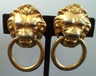 Rare Vintage Signed Mimi Di N Lion Door Knocker 1 7/8 " Clip Earrings G982g