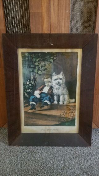 Antique Currier & Ives Framed Lithograph,  “the Watchers”little Boy W/ Westie Dog