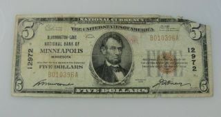 1929 $5 Bloomington - Lake National Bank Minneapolis Mn Rare Note Ch 12972