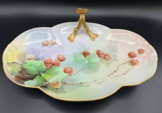 Antique Limoges Hand Painted Oval Plate With Handle Raspberry And Green Leafs