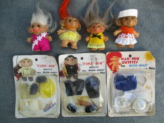 Vintage 1960s Dam Wish - Niks Troll 4 Dolls & 3 Totsy Carded Outfits