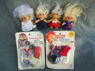 Vintage 1960s Dam Wish - Niks Troll 4 Dolls & 2 Totsy Carded Outfits