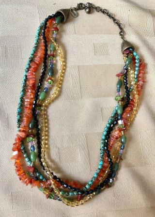 Chico’s Multicolor Multi Strand Beaded Antique Brass Necklace Glass Stones Beads