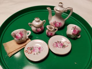 10 Pc Porcelain Pink Rose Gold Trim Tea Set Towel Vintage Doll House 1:6 Barbie