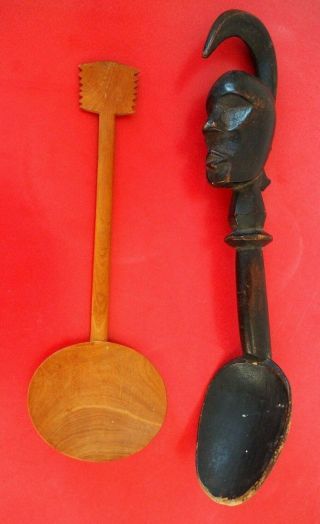 Two African Tribal Art Carved Wooden Spoons One Zulu Another Possibly Dan Tribe?