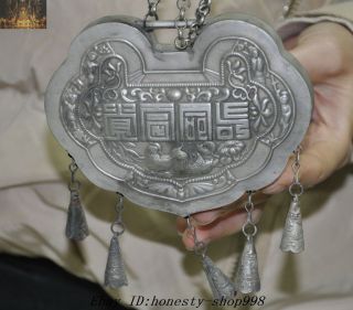 Collect Old Chinese Tibetan Silver Kirin Beast Bell Peace lock amulet necklace 3