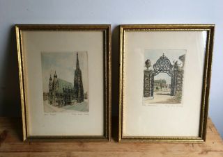 Antique Hand Colored Etching Pair Cathedral & Archway Architecture