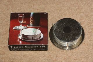 Vintage 7 Piece Silver Plated Coaster Set Boxed,  6 Coasters,  1 Bottle Stand