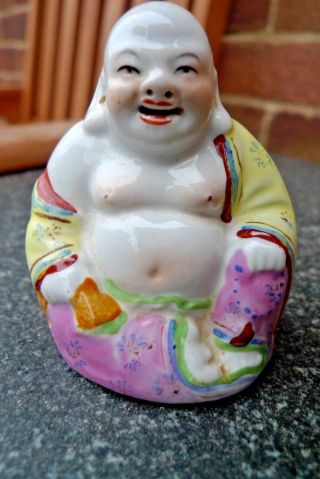 Small Vintage Chinese Porcelain Laughing Buddha Familie Rose Handpainted Stamped