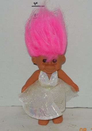 Vintage My Lucky Russ Berrie Troll 8 " Poseable Doll Pink Hair White Dress