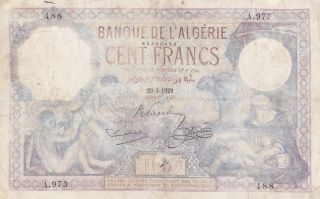 100 Francs Vg - Banknote From French Algeria 1929 Pick - 81 Rare