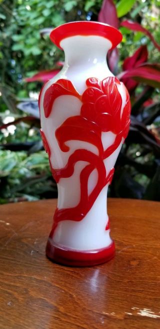 Antique Chinese Red And White Peking Glass Floral Vase.