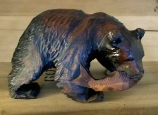 Hand Carved Wood Grizzly Bear With Salmon