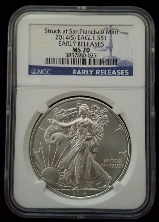 2014 $1 American Silver Eagle Ngc Ms70 First Releases Rare Blue Label