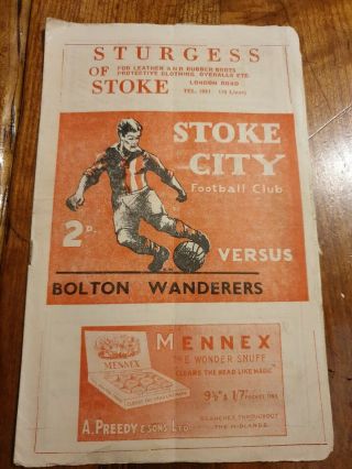 Bolton Wanderers Vs Stoke City 1940s Football Programme Rare