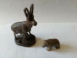 Carved Black Forest Wooden Antelope And Miniature Bear.