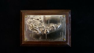 Vintage Wooden Block Paperweight With Silver Plated Mount Raised Map.