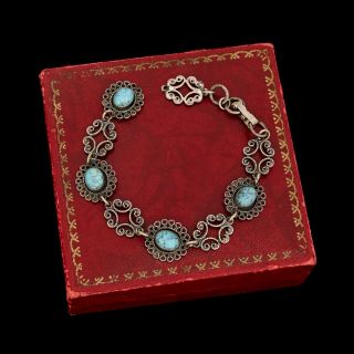 Antique Vintage Deco Sterling Silver Etruscan Greek Turquoise Tennis Bracelet