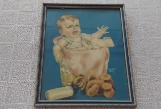 Vintage Framed Charlotte Becker Baby Crying In Basket W/ Teddy Bear & Bottle