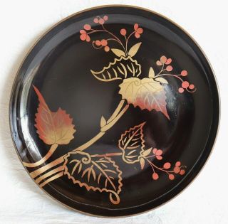 Japanese Vintage Lacquer Ware Plate Wood Black Makie Dia.  16 Cm 6.  29 Inch