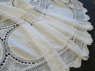 Vintage Hand Embroidered,  Crochet Lace Tablecloth - Oval 84 " X 67 " Roses