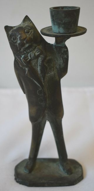 Antique Vintage Bronze / Brass Butler Waiter Tuxedo Cat Figural Candle Holder