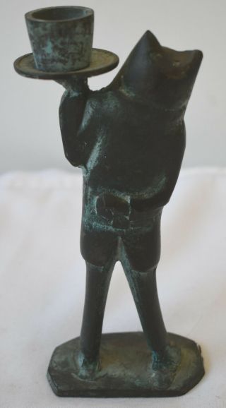 Antique Vintage Bronze / Brass Butler Waiter Tuxedo Cat Figural Candle Holder 2