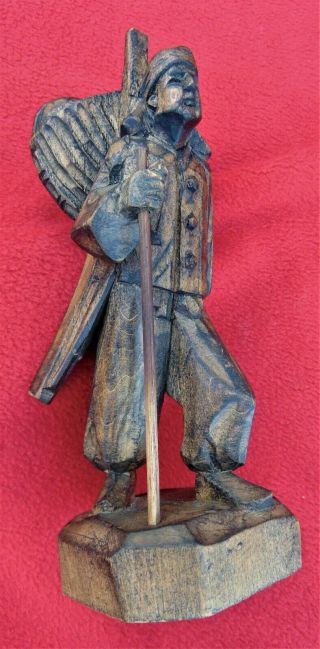 Vintage Chinese Carved Wood Figure Of Man Carrying Pig In A Basket 8 " High