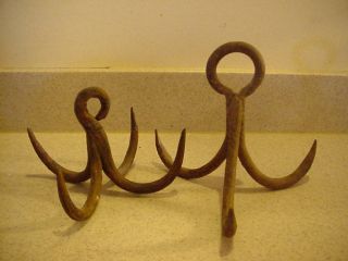 2 Vintage Antique Hand Forged 4 & 3 Prong Well Grappling Hooks,  Trap Drags