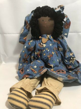 Black Raggedy Ann 22” Handmade Cloth Doll With Painted Face Vintage