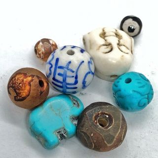 7 Tibetan & Chinese Dzi Prayer Beads Asian Old Antique Buddhism Porcelain Stone