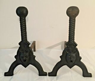 Antique Cast Iron Figural Devil Face Gothic Andirons / Fireplace Tools