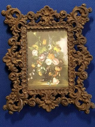 Vintage Ornate Brass Frame With Silk Picture Flowers Made In Italy
