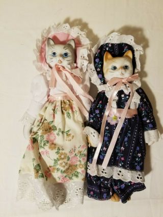2 Victorian Doll Cat Vintage Figurine Porcelain Cloth Body Floral Dresses 8 " 9 "