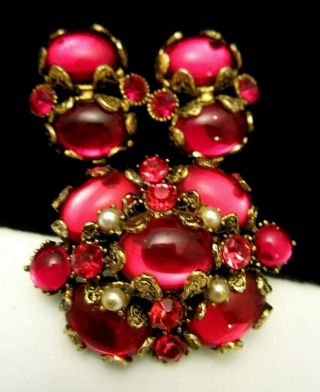 Rare Vintage Signed Hollycraft Goldtone Red Jelly Glass Brooch & Earring Set A67
