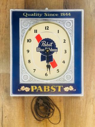 Vintage Pabst Blue Ribbon Beer Sign Clock Lights Up Bar Pub Man Cave Rare