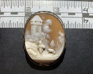 Rare Antique Victorian 14k Gold Carved Shell Scenic Cameo Brooch / Necklace