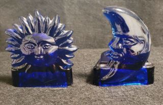 Vintage Cobalt Blue Pressed Glass Celestial Sun & Moon Face Tealight Candle.