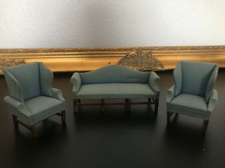 Vintage Dollhouse Miniature Furniture Wing Sofa & Chair Set Blue Fabric