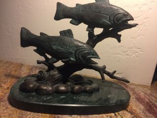 San Pacific Int’l Spi Brass Bronze Casting Trout Over Submerged Log Marble Base