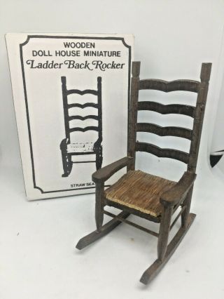 Vintage Dollhouse Miniature Wooden Ladder Back Rocking Chair With Straw Seat