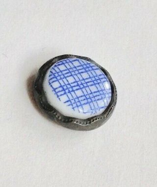 Antique Button - Small China Jewel - White W/ Bright Blue Lines,  Set In Metal