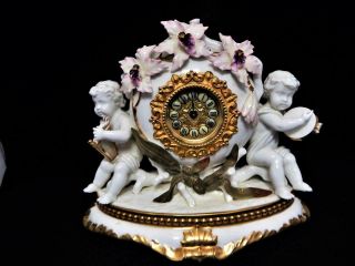 Antique Moore Bros Porcelain England Rare Cherubs Figural Mantle Clock 1880 