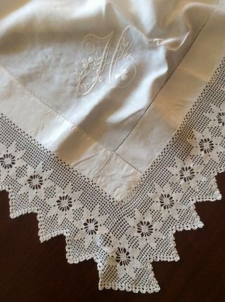 Linen Crochet Lace Edged Tablecloth - Whitework Embroidered Initial H