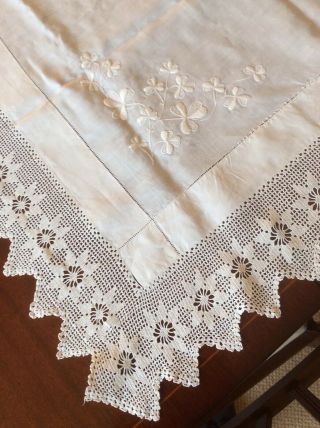 linen crochet lace edged tablecloth - whitework embroidered initial H 3