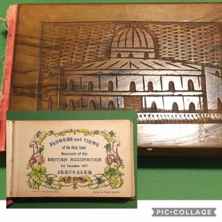 Antique Jerusalem Olive Wood Book - Flowers And Views Of The Holy Land 1917