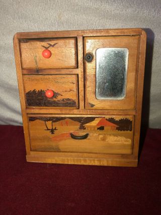 Vintage Oriental Wooden Miniature Cabinet With Mirror Birds & Landscape